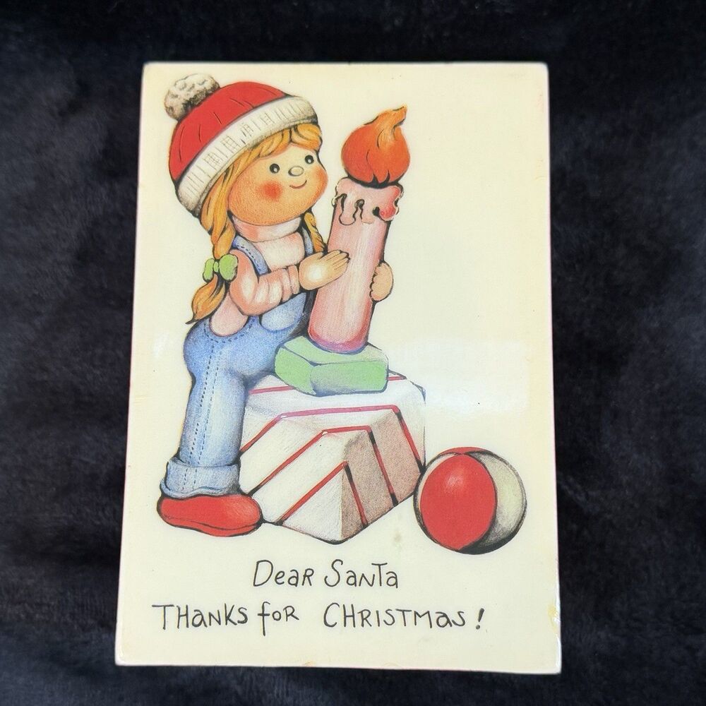 Vintage Christmas Music Box Dear Santa Thanks For Christmas Girl Wooden Trinket